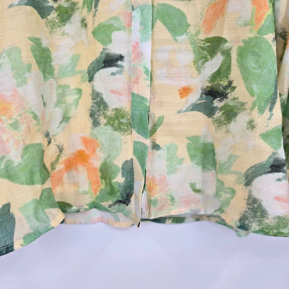 Jade Melody Tam Floral Blouse Green Orange Yellow Impressionist Smocked Cuff S - Picture 8 of 13